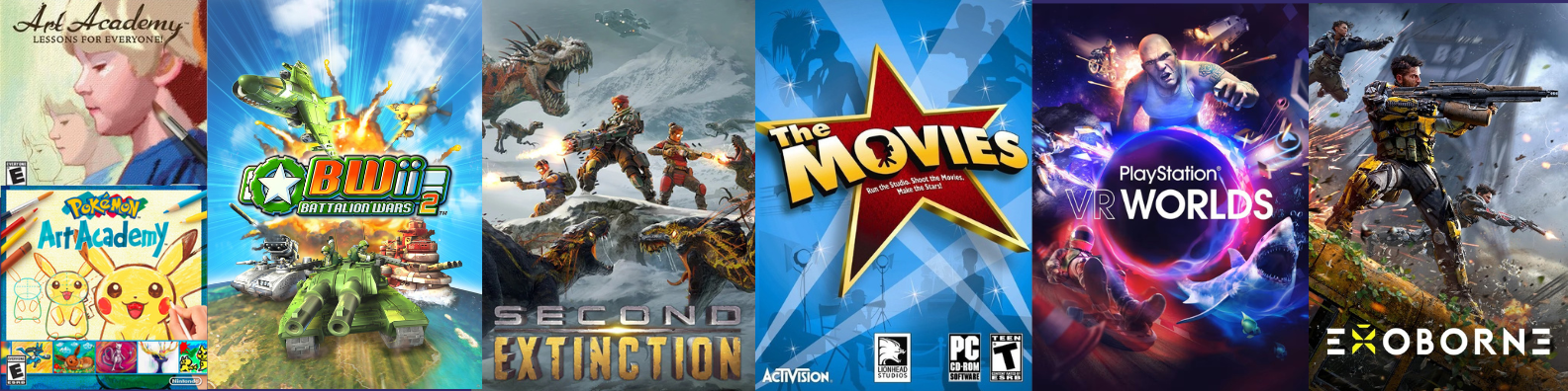 Selected games including Art Academy, Battalion Wars 2, Second Extinction, The Movies, PlayStation VR Worlds and Exoborne